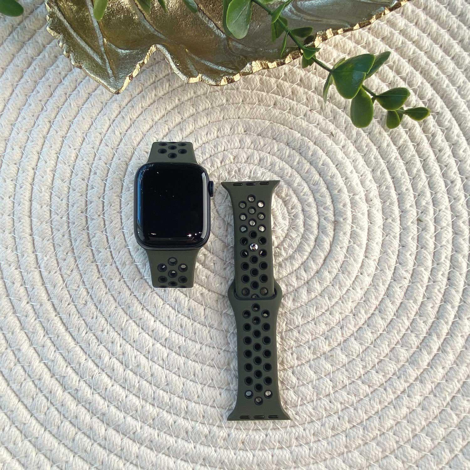 Bracelet Apple Watch Fusion - double - silicone - vert armée noir