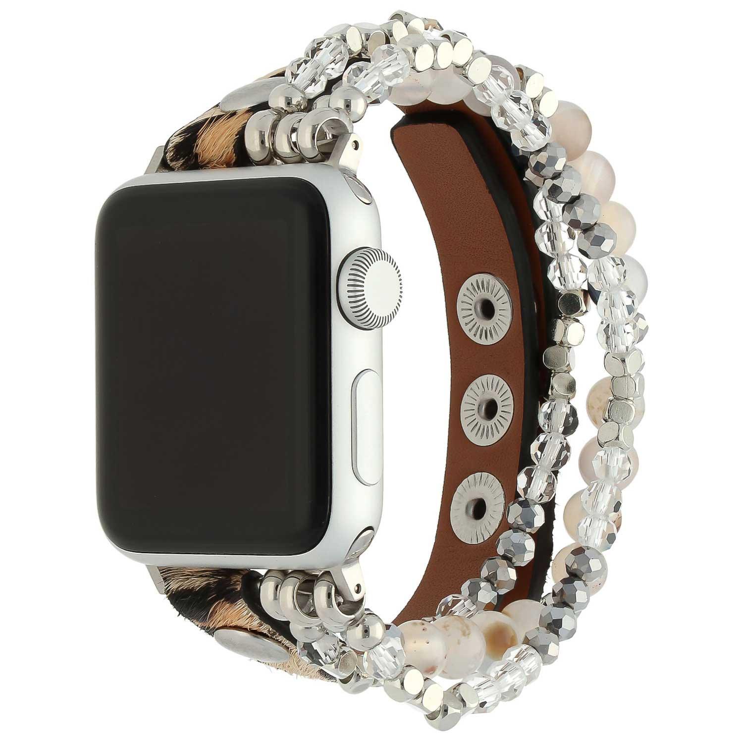 Bracelet Apple Watch - cuir - bijou - léopard argenté