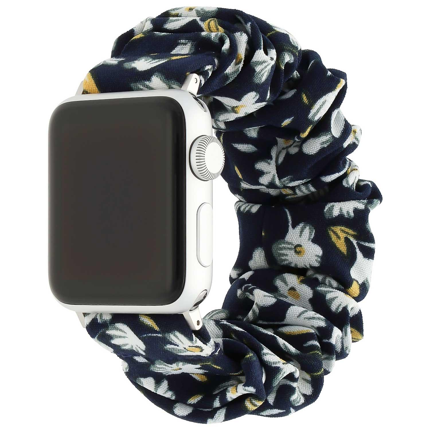 Bracelet Apple Watch Savara - chouchou - nylon - fleurs bleu foncé