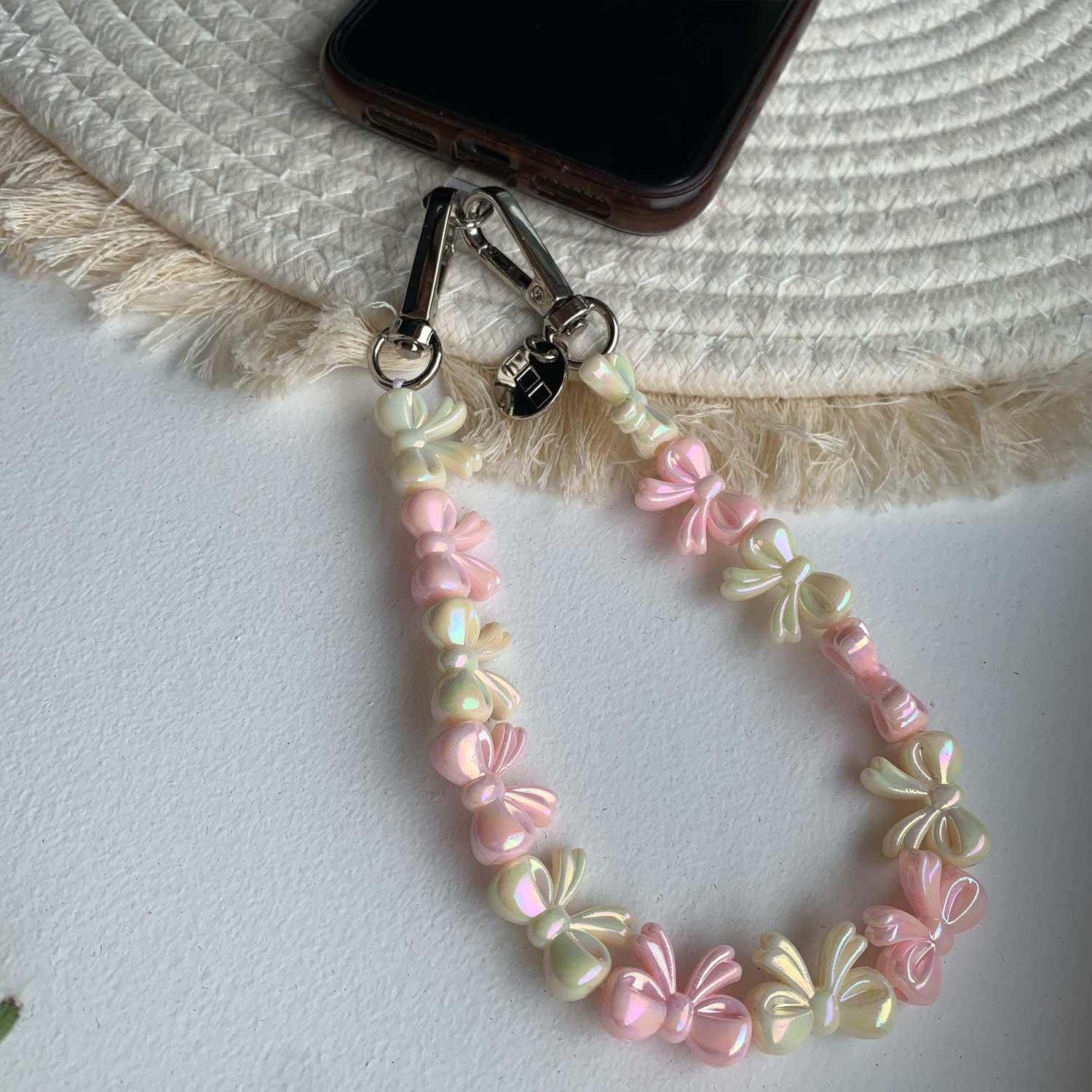 Cordon de téléphone Bow - rose clair blanc - argent