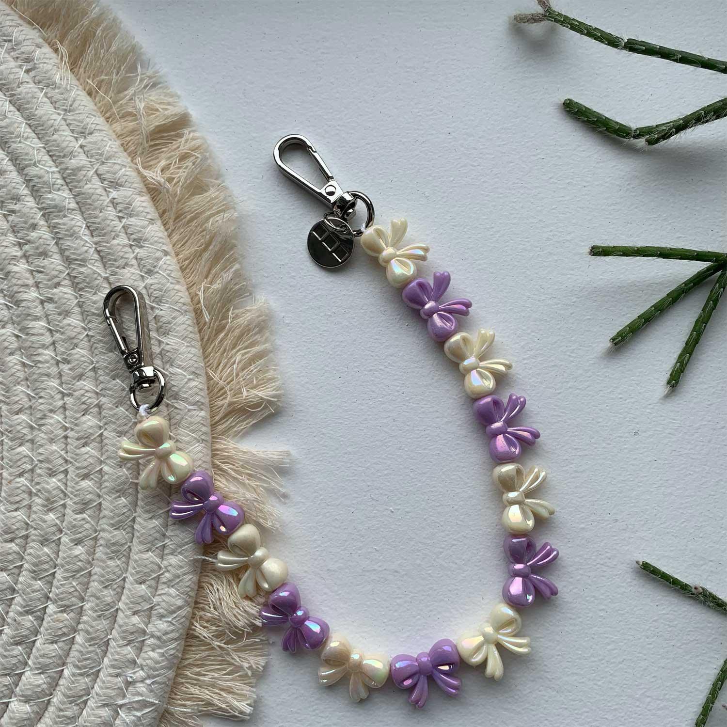 Cordon de téléphone Bow - violet blanc - argent