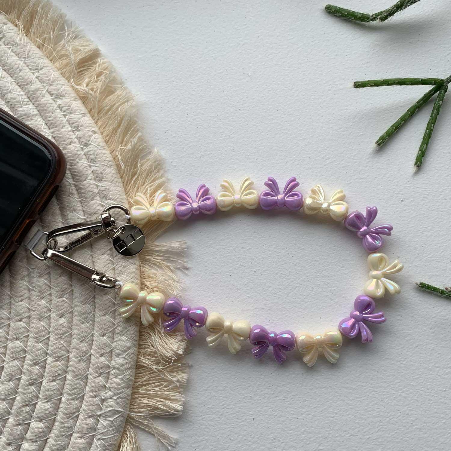 Cordon de téléphone Bow - violet blanc - argent