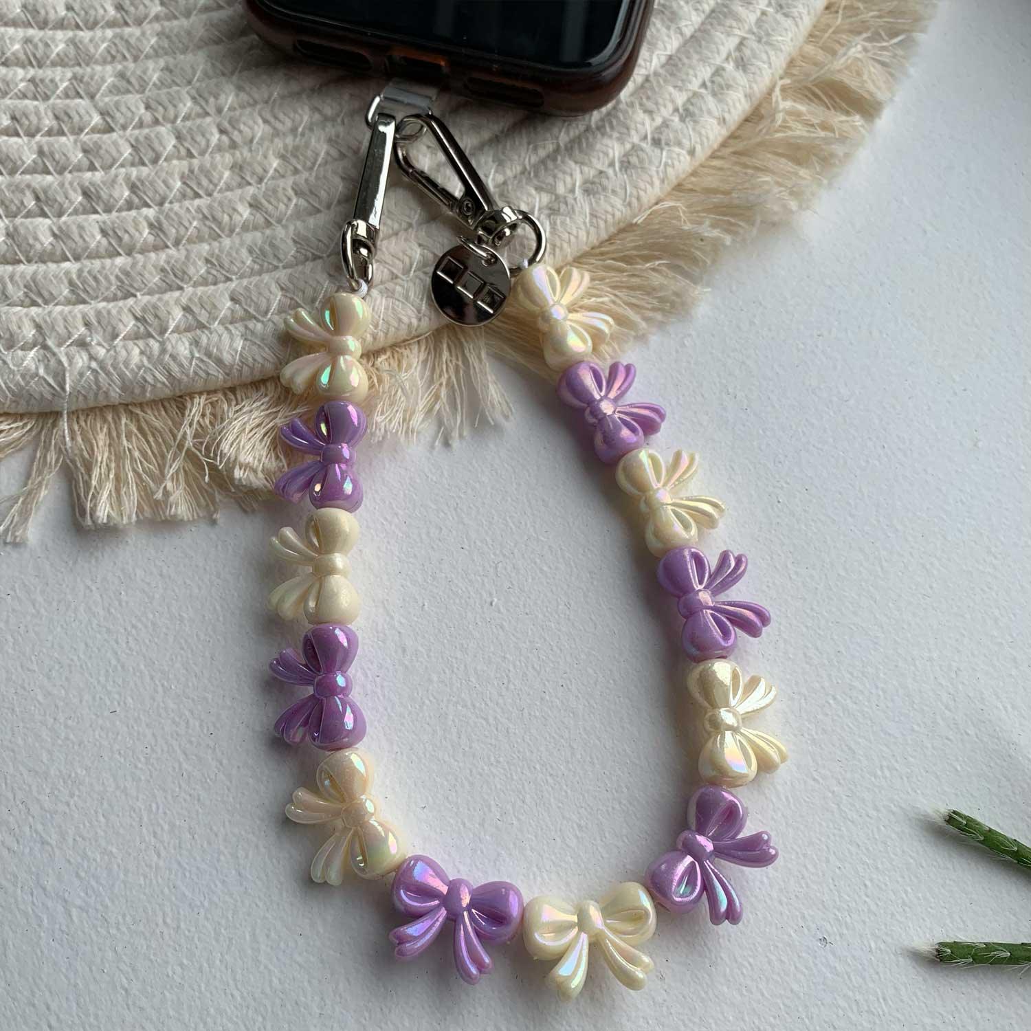 Cordon de téléphone Bow - violet blanc - argent