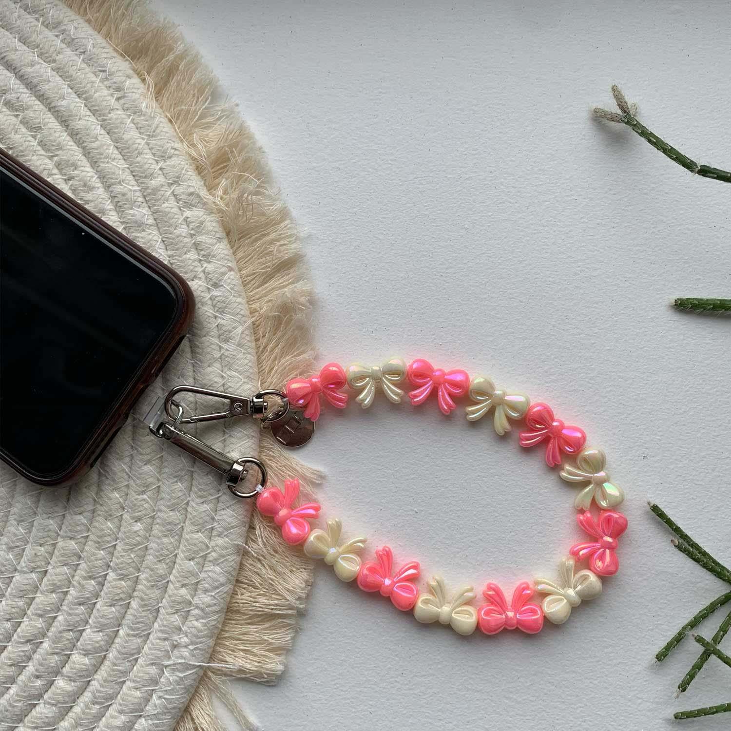 Telefoonkoord Bow - roze wit - zilver