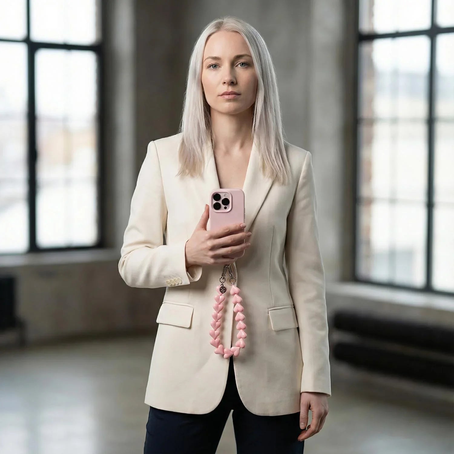 Telefoonkoord Heart - effen roze - zilver