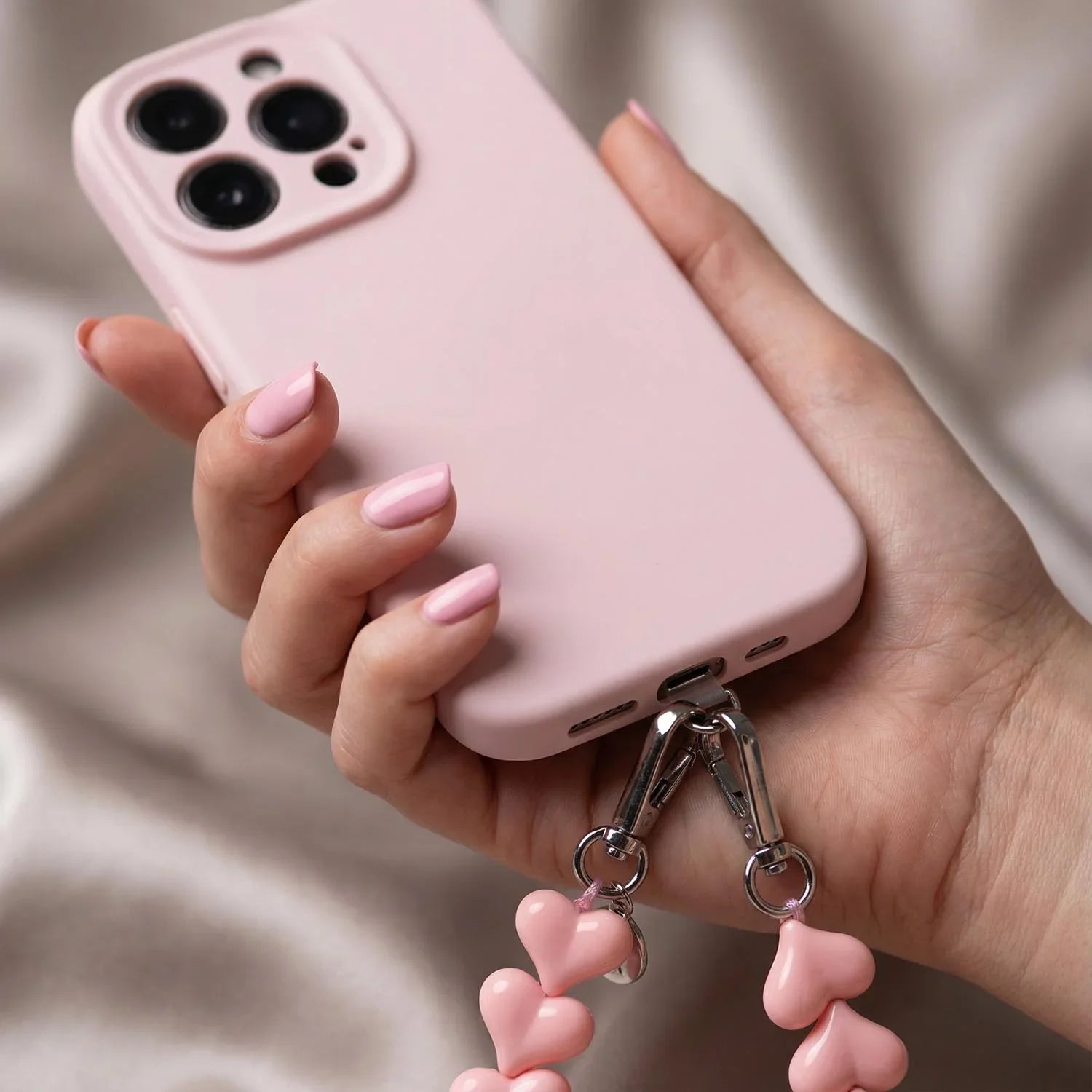 Telefoonkoord Heart - effen roze - zilver
