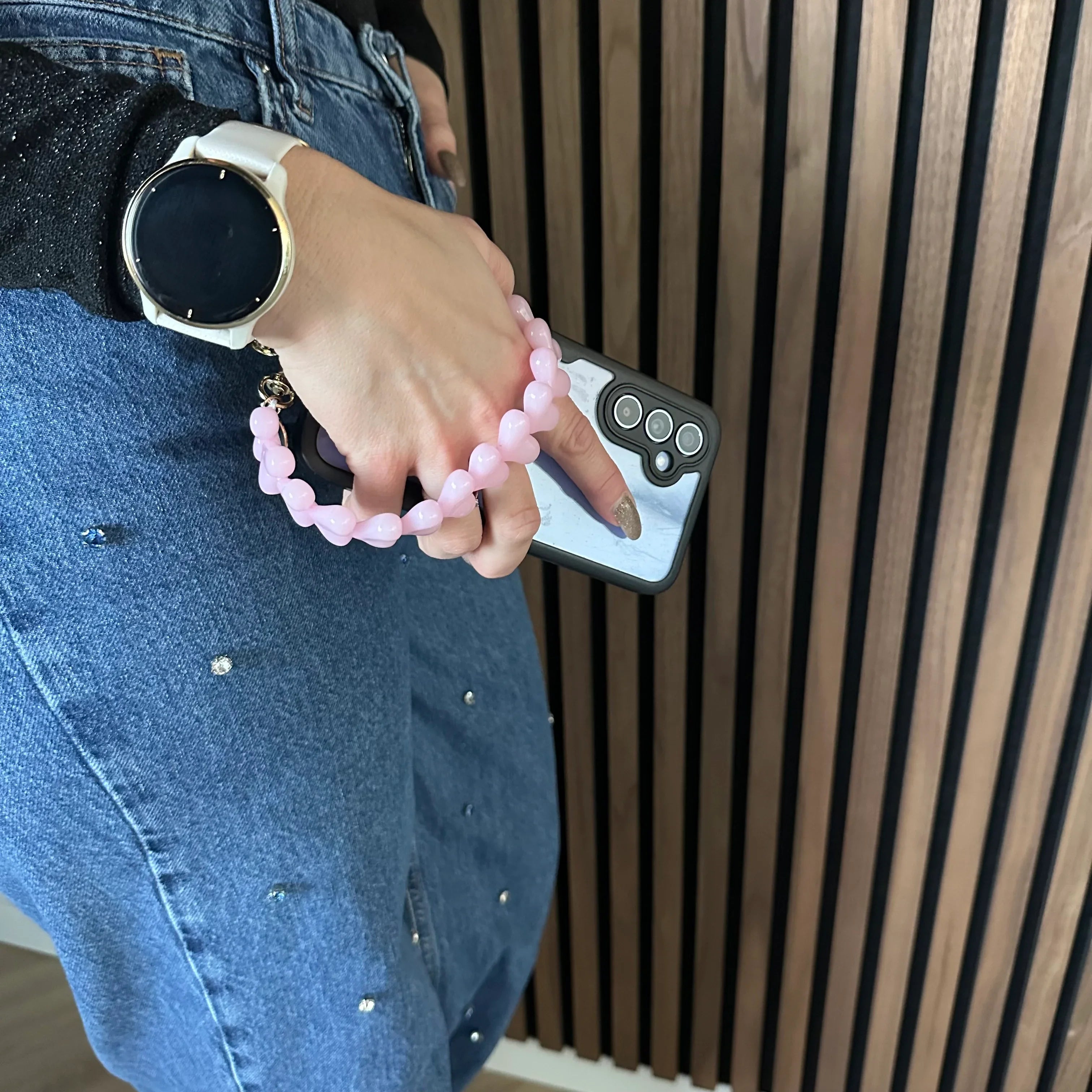 Telefoonkoord Heart - babyroze - zilver